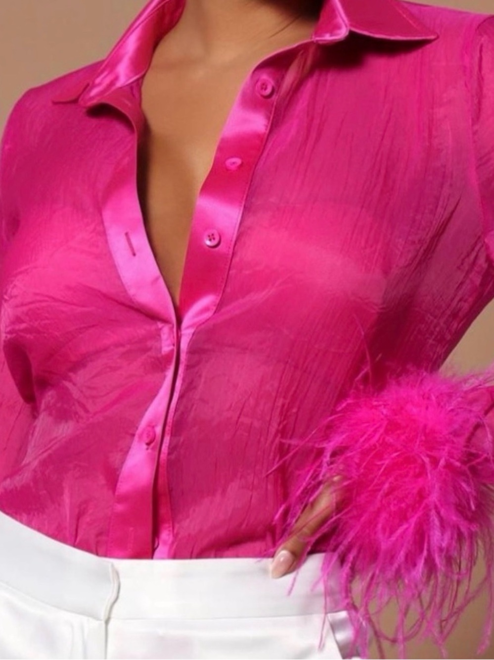 Fashion Nova Gabby Feather Fuchsia Button Front Women's Blouse in small - Picture 3 of 7